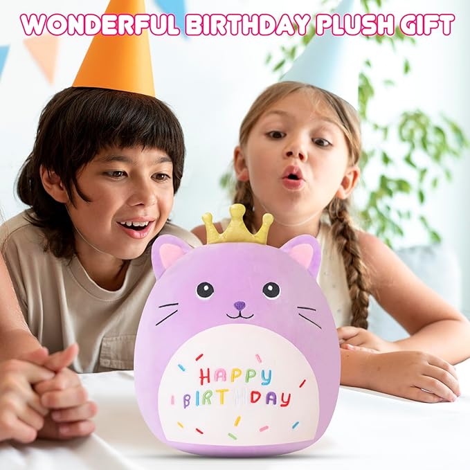 SQEQE Cat Stuffed Animal Kawaii Cat Plushie with Golden Crown Soft Kitty Stuffed Toy Birthday Party Decoration Gift for Kids Girls Boys(Purple Caticorn,14 Inch)