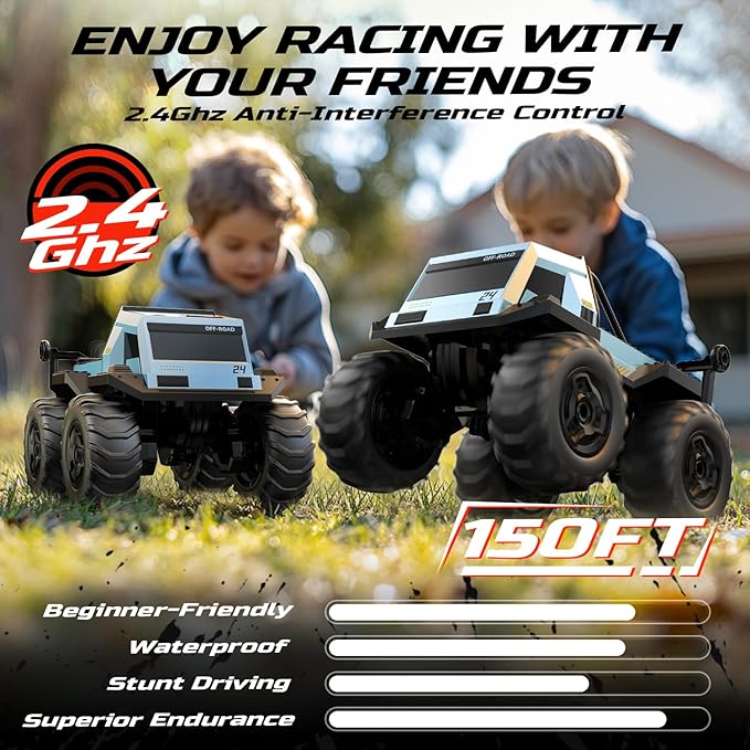 DEERC Amphibious Remote Control Car Monster Truck Toys Waterproof RC Stunt Cars for Boys 8-12 Toys W/Blocks & 360°Spin, 4WD All-Terrain Off-Road Pickup RC Truck 2.4Ghz 60+ Min Playtime Pool Toy Gift