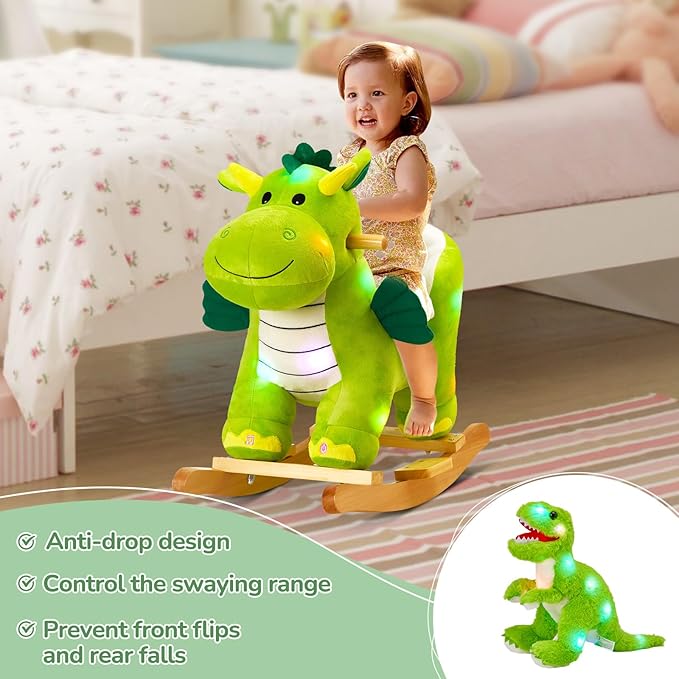 Glow Guards Light Up Musical Dinosaur Baby Rocking Horse Set of 2 with Safety Belt Dinosaur Rocker Baby Rocking Chair for Toddlers 1-3