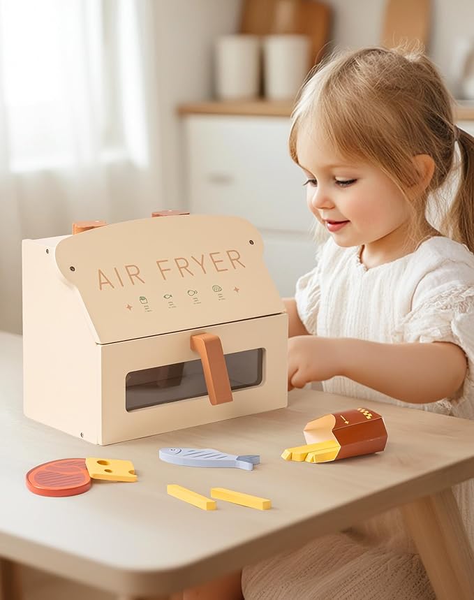 ROBOTIME Wooden Toy Air Fryer for Kids, Play Kitchen Accessories, Wooden Kitchen Play Food Set, Pretend Cooking Toys for Toddlers Kitchen Set, Role Play Gift for Boys & Girls