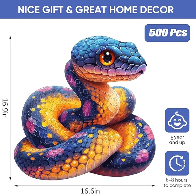 Wooden Puzzle for Adults, Snake Wooden Jigsaw Puzzles(16.6 * 16.9in-500pcs), Unique Shape Animal Adult Puzzles,Irregular Wood Puzzles Best Gift for Adults and Kids Family Game