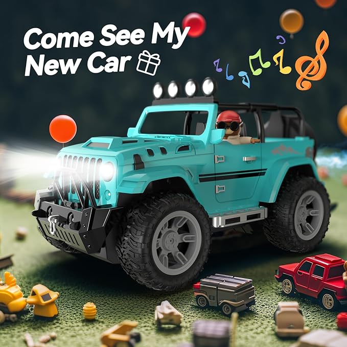 DEERC Remote Control Car with Fog Mist & Music, 1:16 Remote Control Truck for Boys, 2.4Ghz RC Car Toy with 2 Batteries, All Terrain SUV Gifts Crawler with Trailer Hitch