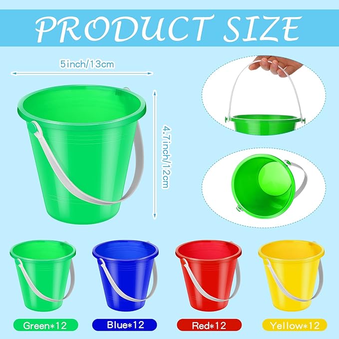 48 Pcs 5 Inch Beach Bucket Sand Buckets Colorful Fun Plastic Pails and Buckets for Kids Toddler Tool Summer Beach Theme Birthday Party Favors Bulk Play Castle Water Pool, 4 Colors