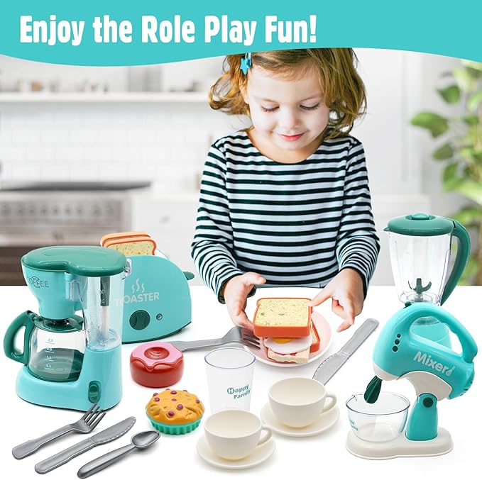 Pretend Play Kitchen Appliances Toy Set, Kids Kitchen Accessories Set - Coffee Maker, Toaster, Mixer, Blender with Light and Sound, Food Playset, Dishes for Girls Boys Kids Ages 3 4 5 6 7 8