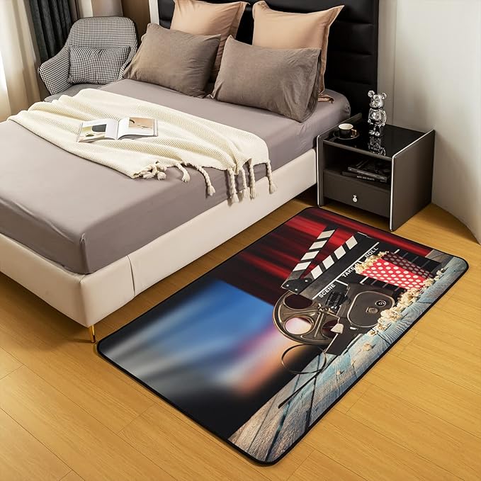 Erosebridal Movie Theater Rug 5x7, Vintage Cinema Popcorn Carpet for Boys Girls, Vintage Film Clapper Theme Area Rug, Filmstrip Printed Non Slip Decorative Rug for Bedside