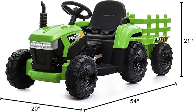 TOBBI Kids Electric Ride On Toy Tractor, 12v Battery-Powered 4 Wheels Ride On Car with Trailer, 35W Dual Motors/3-Gear-Shift/LED Lights/USB Audio Functions for Toddlers 3-6 Years-Green