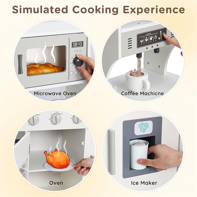 SainSmart Jr. Play Kitchen for Kids, Wooden Kitchen Playset with Lights & Sounds, Ice Maker, Oven & Sink, Trendy Home Style Toy Kitchen, Gift for 3+ Years