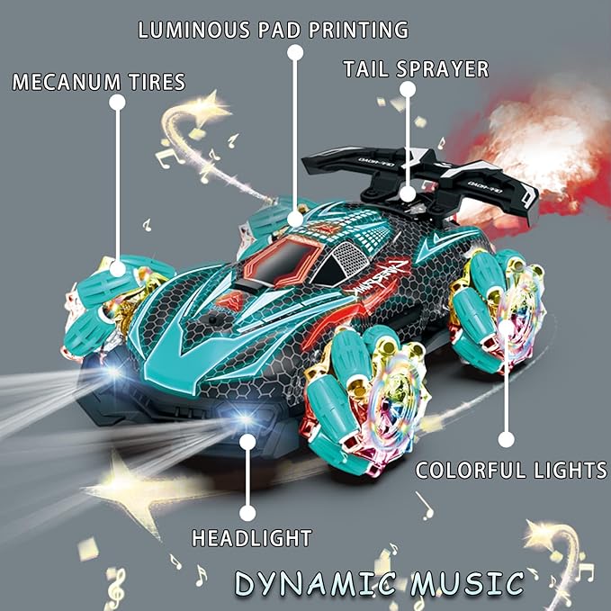 RC Gesture Sensing Stunt Car, with Spray, Light & Music, Best Toy for Boys 6-12 Years Old 360° Rotating 4WD Remote Control Transforming 2.4Ghz Manual Control Car Birthday Present (Blue)