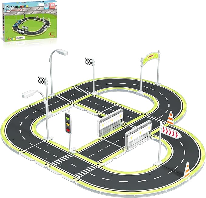 PicassoTiles Magnet Tile Building Block Construction Toy Set Street Sign Traffic Kit Highway Road Race Track with Bumper Barricade Accessory Sticker Education Magnetic Tiles Kids Age 3+ PTR03
