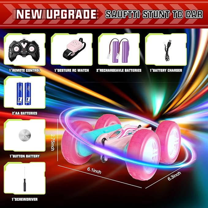 Remote Control Car Toys for Girls & Boys, 4WD Gesture RC Stunt Cars, High Speed RC Truck with Double Sided 360 Flips and Headlights Wheel Lights, Off-Road Stunt Car Toys for Kids 6-12 yr (Pink)