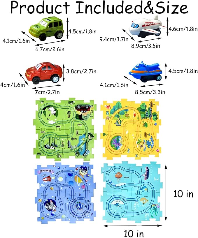 Puzzle Racer Kids Car Track Set Educational Puzzle Track Car Play Set Rail Car Puzzle with Battery-Operated Toy Vehicle & Puzzle Board for Kids Ages 3+ (5PCS, 4 Style)