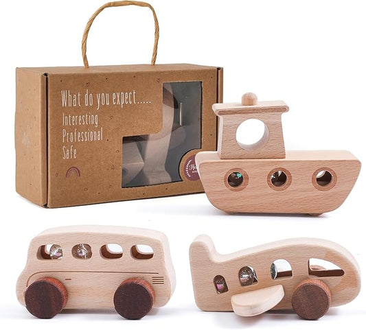 WOODEN TEETHER 3pcs Wooden Cars for Toddlers 1-3 Years Car Toys for Babies Wooden Baby Toys Include Car Boat Airplane，Ideal Gift for Girls and Boys
