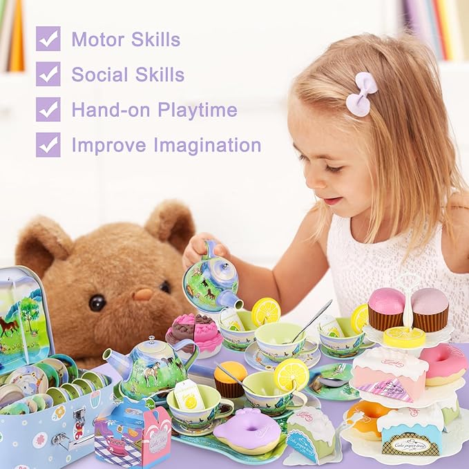 Tea Party Set for Little Girls,50PCS Princess Horse Tea Time Toy Including Food Sweet Treats Playsets,Teapot Tray Cake,Tablecloth & Carrying Case,Kids Kitchen Pretend Play for Girls Boys Age 3 4 5 6