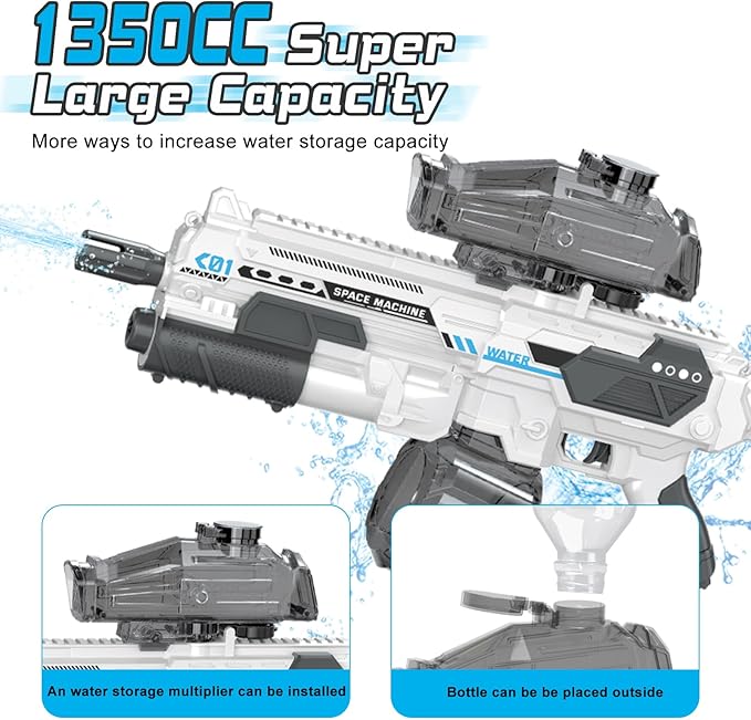 Electric Water Gun with 1350CC Large Capacity, 32FT Long Range Auto Suction Water Guns for Adults, Squirt Gun Water Blasters for Kids Adults Beach Pool Outdoor Party Water Toys Gift White