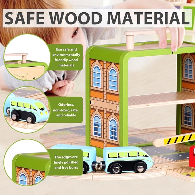 Wooden Train Track Set, Wooden Railway Set Toy with Magnetic Train for Toddlers, Train Set with Blocks Storage Box for Kids Boys and Girls Ages 3+