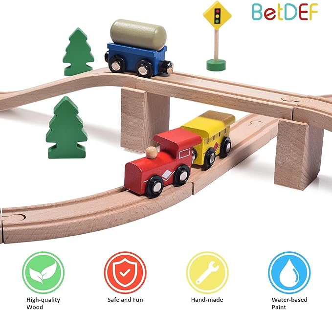 Wooden Train Set,39 Pcs-with All-Wood Train Tracks with Double Sided Wooden Tracks and Color Box for 3+ Year Old Boys and Girls Toddler-Fits Thomas Brio Melissa and Doug… (39PC)