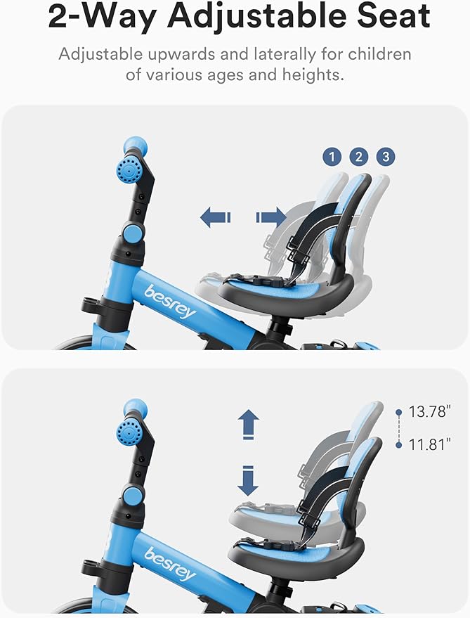 besrey 5 in 1 Toddler Bike, Toddler Tricycle for 1-3 Year Old, Trike with Push Handle, Backrest and Safety Belt, Birthday Gifts and Toys for Boys and Girls, Balance Bike