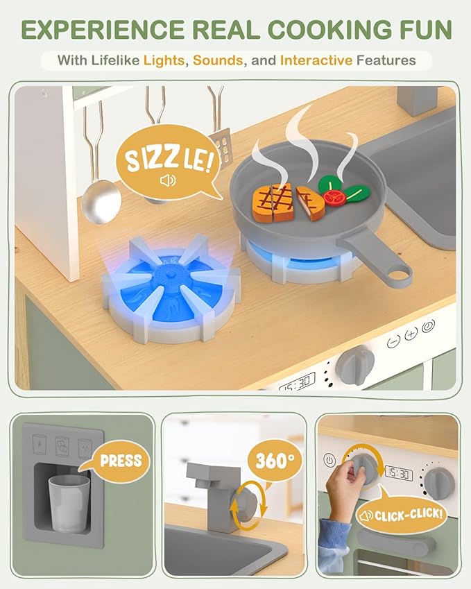 Babytronic Kids Play Kitchen, Wooden Kitchen Playset for Kids Ages 3+ with Real Lights, Sounds, Stove, Sink, Oven, and 30 Pcs Accessories, Toys Kitchen Small Pretend Play Kitchen for Toddlers (Green)