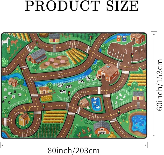 Kids Rug, Farm Map Playmat Rugs - 5x7 Ft Kids Carpet with Rubber Backing, Cute Animal Farming Game Road Map Play Mat Nursery Rugs for Children Bedroom Playroom