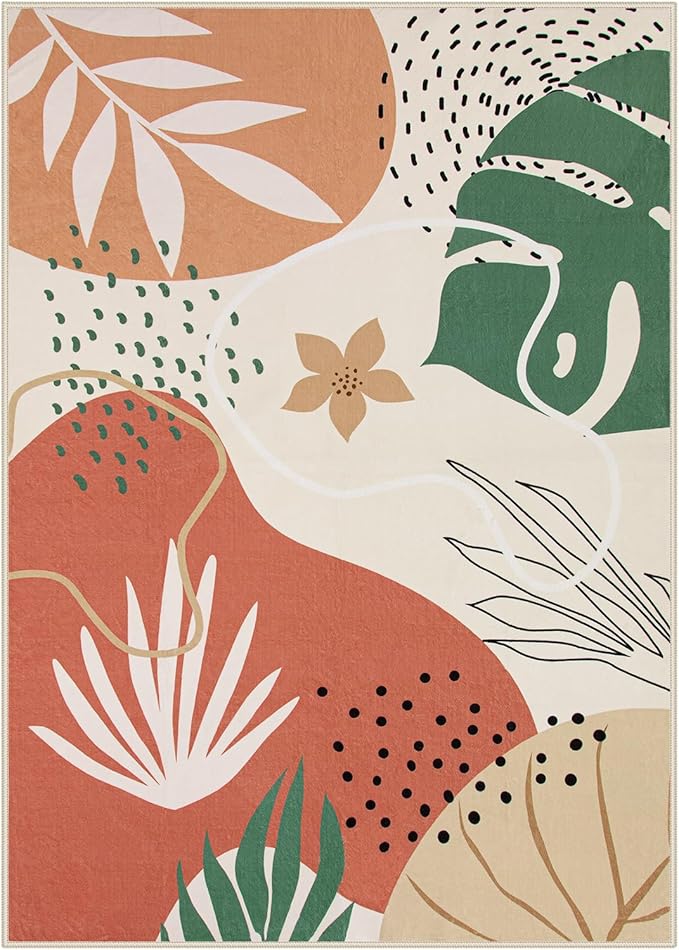 Lahome 8x10 Rugs for Living Room, Bedroom Rug 8x10 Under Bed Soft Kids Nursery Carpet, Boho Botanical Print Non-Slip Low Pile Carpet for Dining Room Office Playroom, Coral