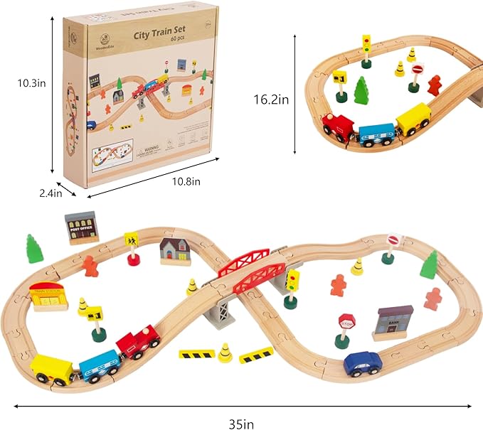 60Pcs Train Set for Toddlers, Bridge & Double-Side Wooden Train Set Tracks, Fits Brio, Thomas, Melissa and Doug, Kids Gift Toys for 3 4 5 Years Old Boys Girls