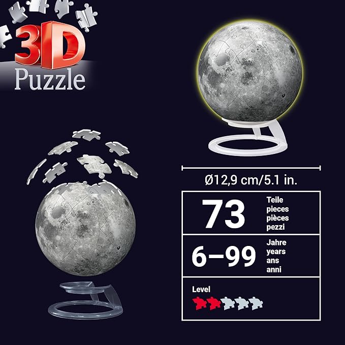 Ravensburger Glow-in-The-Dark Moon 72 Piece 3D Jigsaw Puzzle for Adults and Kids - 11586 - Great Gift for Any Birthday, Holiday, or Special Occasion