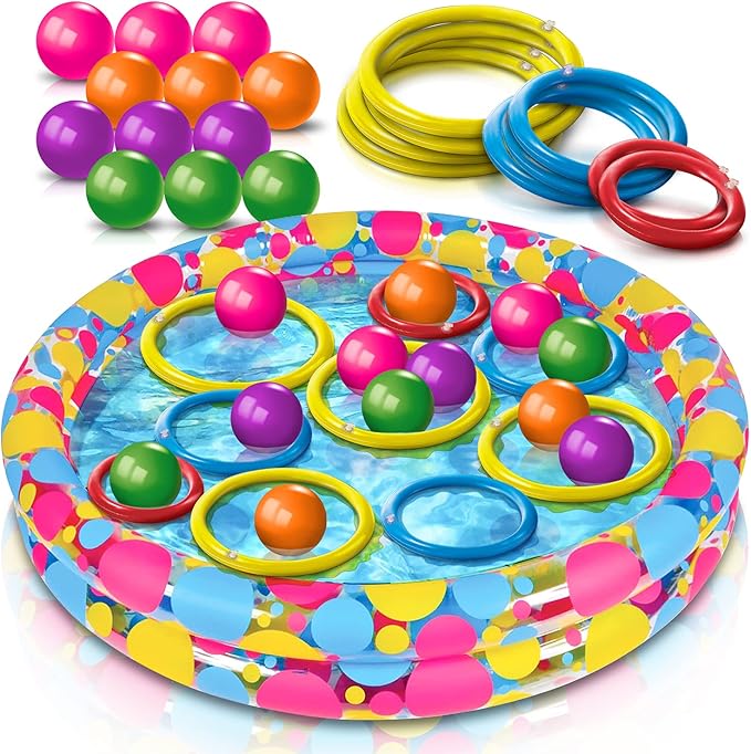 Gamie Floating Ring Toss Game for Kids, Outdoor Carnival Game Set with Inflatable Pool, Floating Rings, and Colored Plastic Balls, Outdoor Games for Family and Backyard Parties