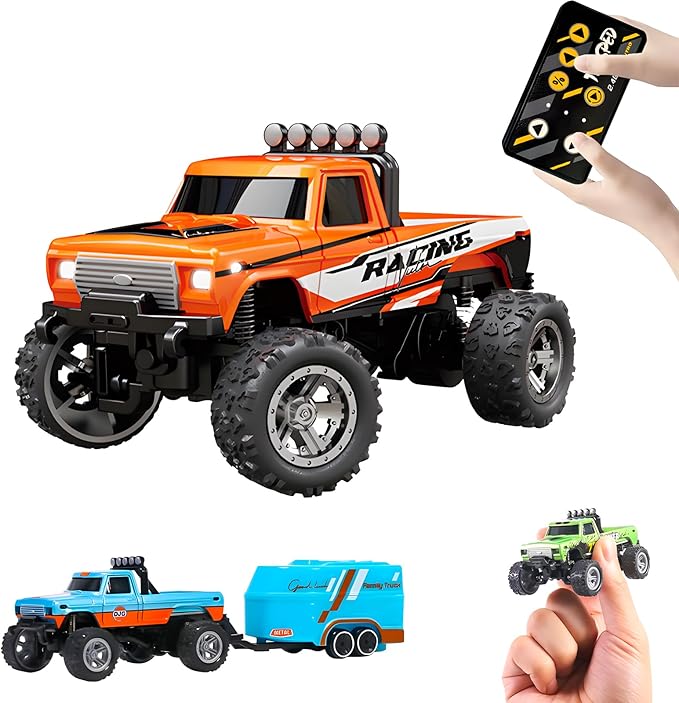 Mini Rc Truck, 1:64 Scale Monster Truck Remote Control Car with Lights, 2.4Ghz Mini Alloy Remote Control, Speed/Steering Adjustable (Orange)