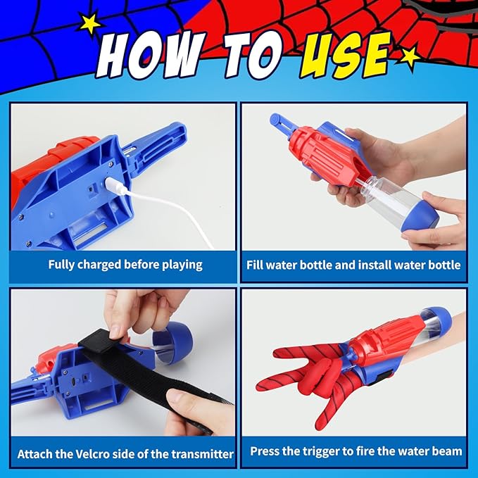 Spider Water Gun for Kids: Spider Web Shooter Automatic Water Blaster for Kids, Electric Wrist-Mounted Superhero Squirt Toy, Superhero Role-Play Toy for Outdoor Summer Fun, Blue