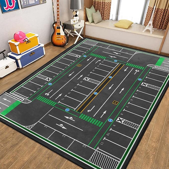 Kids Rug, City Road Traffic System Playmat Rugs - 5x7 Ft Kids Carpet with Rubber Backing,Street Play Mat Great for Playing with Cars for Bedroom Playroom - Non-Slip Have Fun Safe Nursery Rug