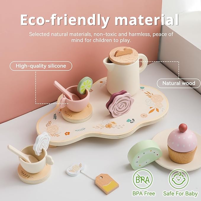 Tea Party Set for Kids - Wooden Tea Set for Little Girls 15PCS Silicone Toddler Tea Set Kitchen Accessories Pretend Play Toy Tea Set for Toddlers - Birthday Gift (Purple)