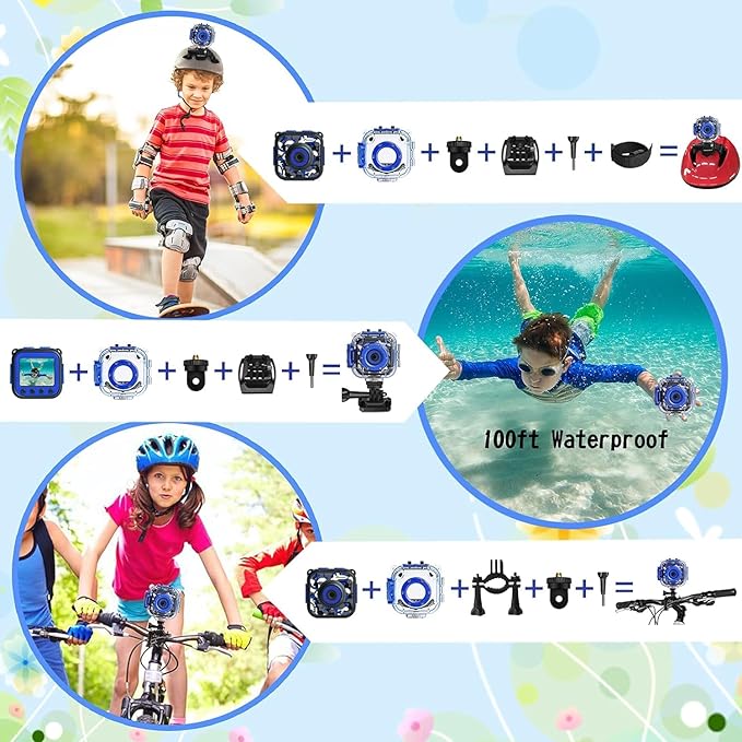 PROGRACE Kids Waterproof Camera for Kids Action Video Digital Camera 1080 HD Toy Cameras for Boys Birthday Christmas New Year Gifts, Blue