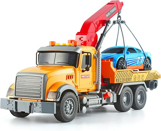 Dwi Dowellin Kids Toys for 3 4 5 6 7 Years Old Boys, 15" Large Tow Truck Toy,Friction Powered Transport Truck Crane Toy with Lights and Sounds,with Roadster,Toddlers Gifts