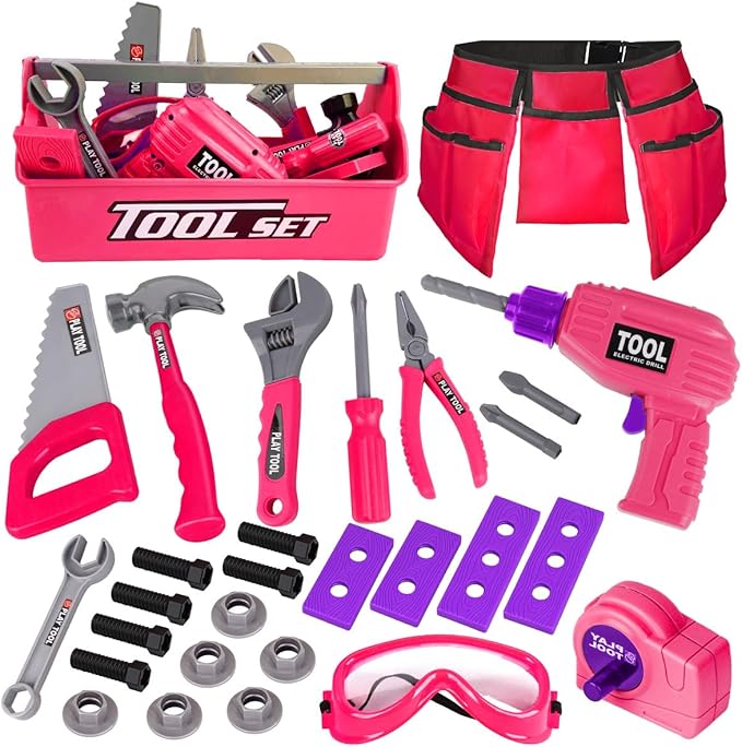LOYO Kids Tool Set - Toddler Tool Set with Kid Tool Belt Tool Box & Electronic Toy Drill, Kids Construction Toys for Girls Boys Gift for Toddlers Girls Ages 3 , 4, 5, 6, 7 Years Old