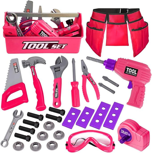 LOYO Kids Tool Set - Toddler Tool Set with Kid Tool Belt Tool Box & Electronic Toy Drill, Kids Construction Toys for Girls Boys Gift for Toddlers Girls Ages 3 , 4, 5, 6, 7 Years Old