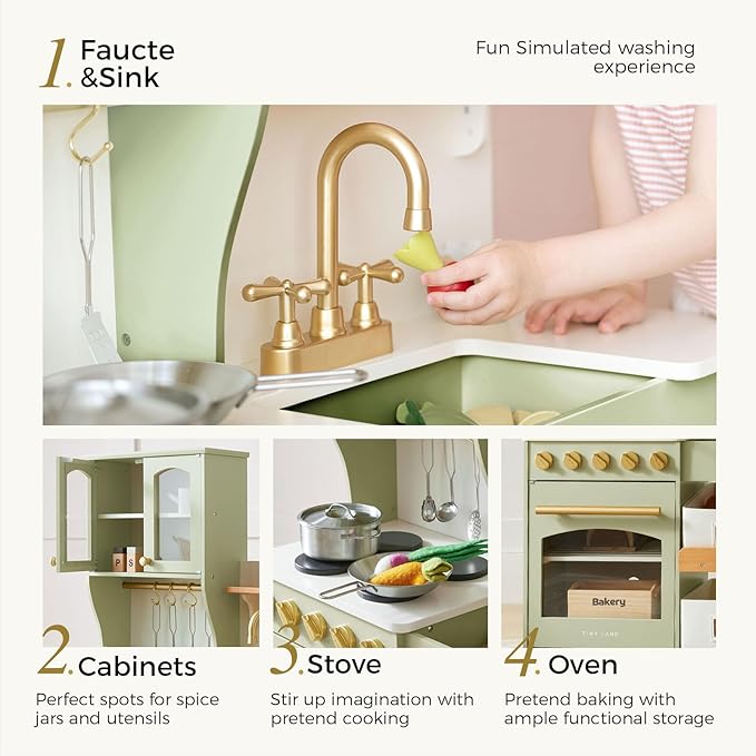 Tiny Land Play Kitchen for Kids with Storage System, Toy Kitchen Set with Plenty of Play Features Gift for Ages 3+