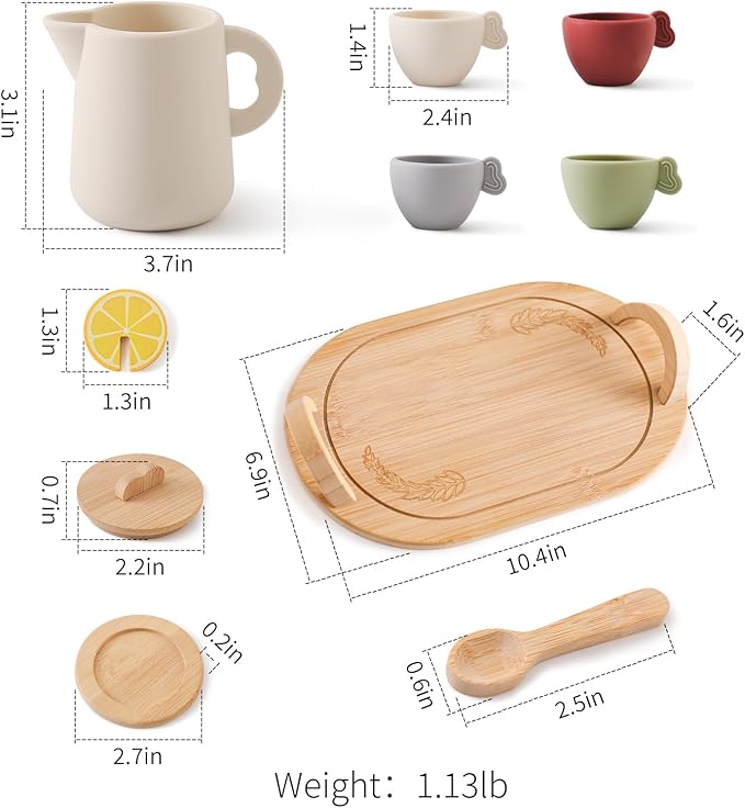 Wooden Tea Party Set for Little Girls 14pcs Toddler Tea Set with Silicone Teapot Cups Carrying Tray Scoop Kids Kitchen Accessories Pretend Play Wooden Toys for 3 4 5 6 Year Old Girl Birthday Gift