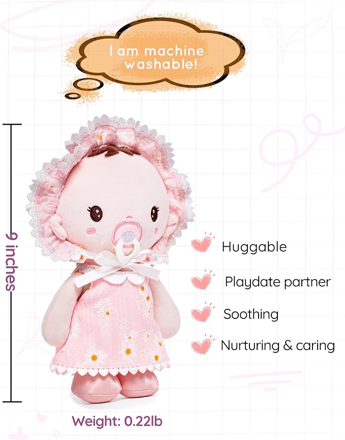 Soft Baby Doll Toys (9''), My First Baby Rag Doll for 1 Year-Old Girl Birthday Gift, Christmas Plush Toys Gift for Toddler Kids Infants-Daisy Baby