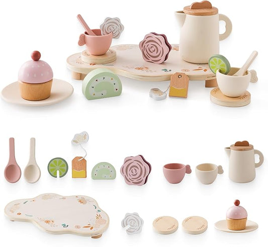 Tea Party Set for Kids - Wooden Tea Set for Little Girls 15PCS Silicone Toddler Tea Set Kitchen Accessories Pretend Play Toy Tea Set for Toddlers - Birthday Gift (Purple)