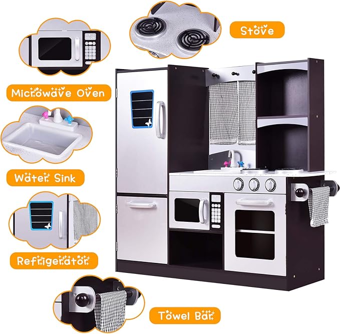 Costzon Kids Kitchen Playset, Wooden Toddler Kitchen Toy Set with Realistic Sound, Microwave, Oven, Refrigerator, Chalkboard & Towel Rack, Pretend Play Kitchen, Gift for Boys Girls (Coffee)