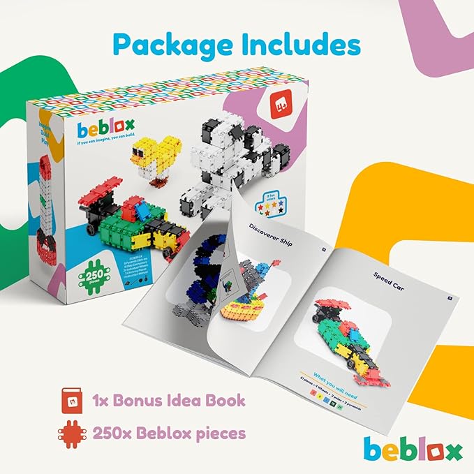 Beblox Building Blocks for Kids - 250-Piece Connecting Tiles Set - Interlocking Building Blocks for Kids, STEM Toys Kit, Fun & Educational Gifts for Boys & Girls, Preschool Learning Activities Ages 4+