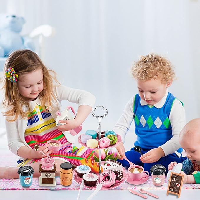 Pretend Tea Party Set for Little Girls, 41 PCS Coffee Maker Set and Play Food Dessert Set for Kids Age 3 4 5 6 7 8 9（Pink）