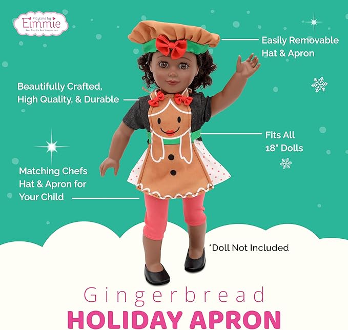 Playtime by Eimmie 18 Inch Doll Clothes and Accessories - Gingerbread Apron & Matching Bonnet Accessories Set - Clothing Sets & Stuff - Fits American, Generation & Similar 18” Dolls for Girls