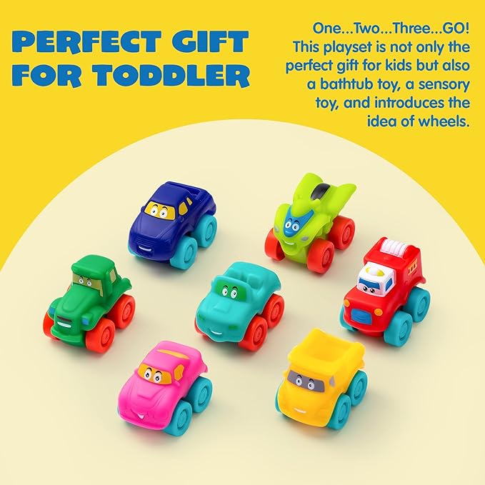 JOYIN Cartoon Cars, Soft Rubber Toy Car Set, Mini Vehicles, Bath Toy Car for Toddlers, Gift for Boys and Girls Easter Basket Stuffers, Summer Beach and Pool Activity, Party Favors for Kids