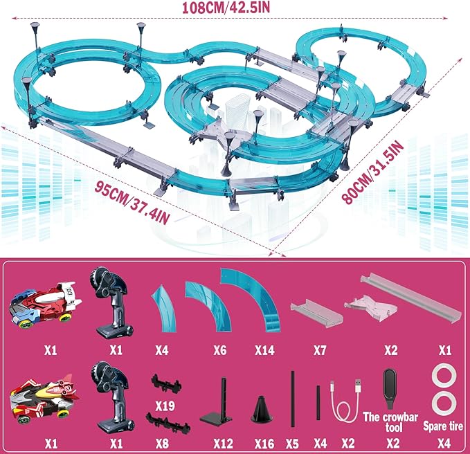 Slot Car Race Track Sets Electric Remote Control Car for Kids Rechargable Electric Racing Game with Hand Controllers Circular Overpass Track Birthday Toys for Boys Kids 6 7 8-12