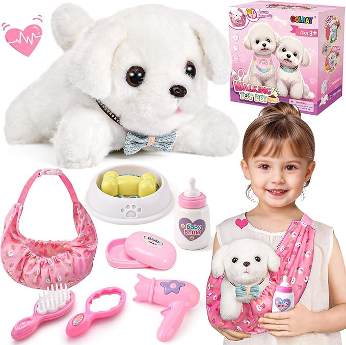 Golray Toy Dog for Kids Girls, Stuffed Dog with Heart Beat & Skeleton Transform, Sling Carrier & Toddler Girl Toy Kid Plush Puppy Pet Care Pretend Play Set, Birthday Gift for Girl 3 4 5 6 7 Years Old