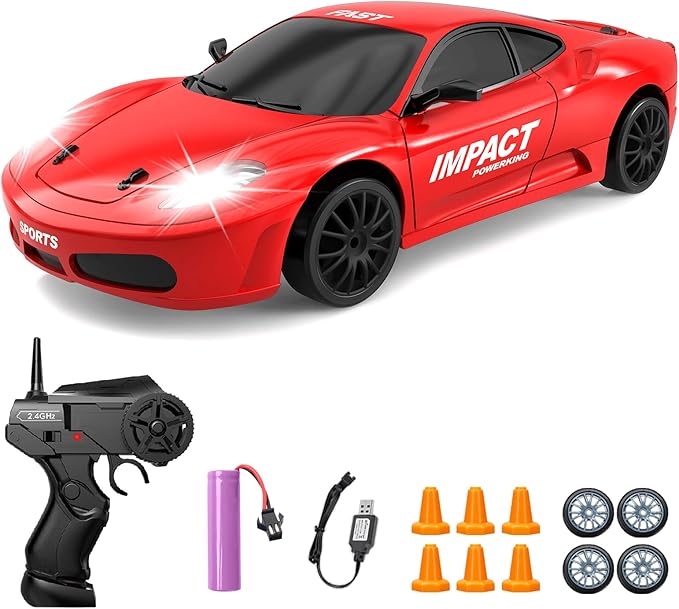 RC Drift Car, 2.4ghz 1/24 High Speed Remote Control Car RC Cars Drifting RC Car Racing Car Model Vehicle, 4WD Racing Car Toy Car with LED Lights for Boys Girls Adults (Red)
