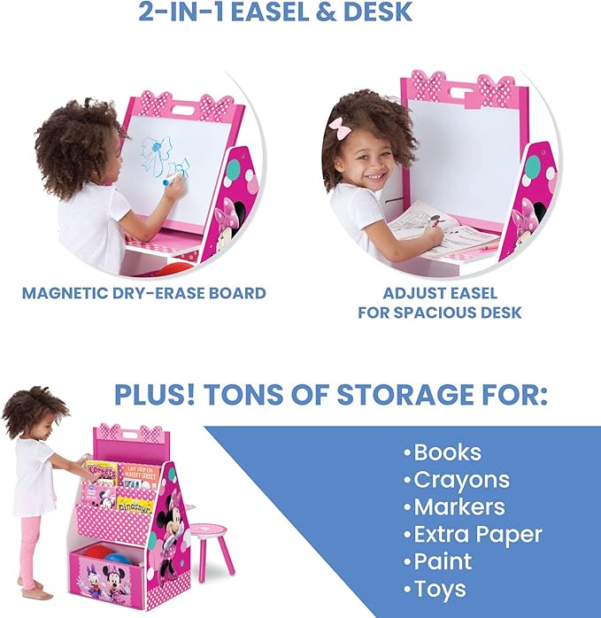 Delta Children Deluxe Kids Art Table | Easel, Desk, Stool, Toy Organizer, Disney Minnie Mouse