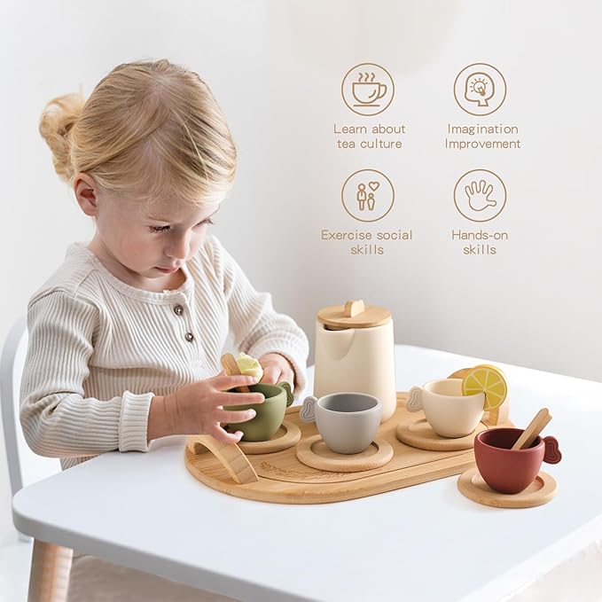Wooden Tea Party Set for Little Girls 14pcs Toddler Tea Set with Silicone Teapot Cups Carrying Tray Scoop Kids Kitchen Accessories Pretend Play Wooden Toys for 3 4 5 6 Year Old Girl Birthday Gift