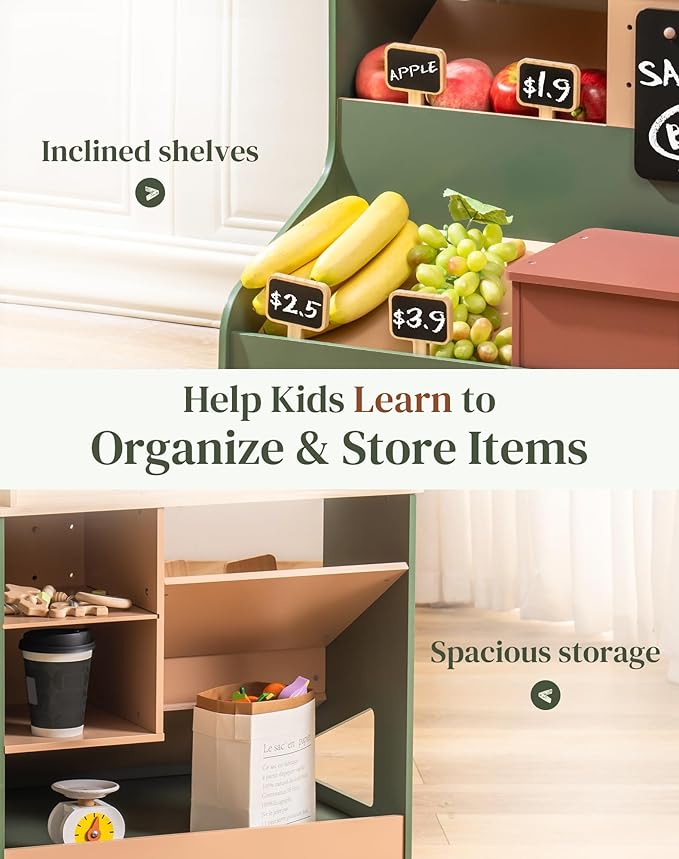 ROBOTIME Wooden Grocery Store Playset, Kids Play Store, Starlight Market Kitchen Playset Stand- Realistic Pretend Play Set with Lights, Chalkboard, Gift for Boys Girls 3+